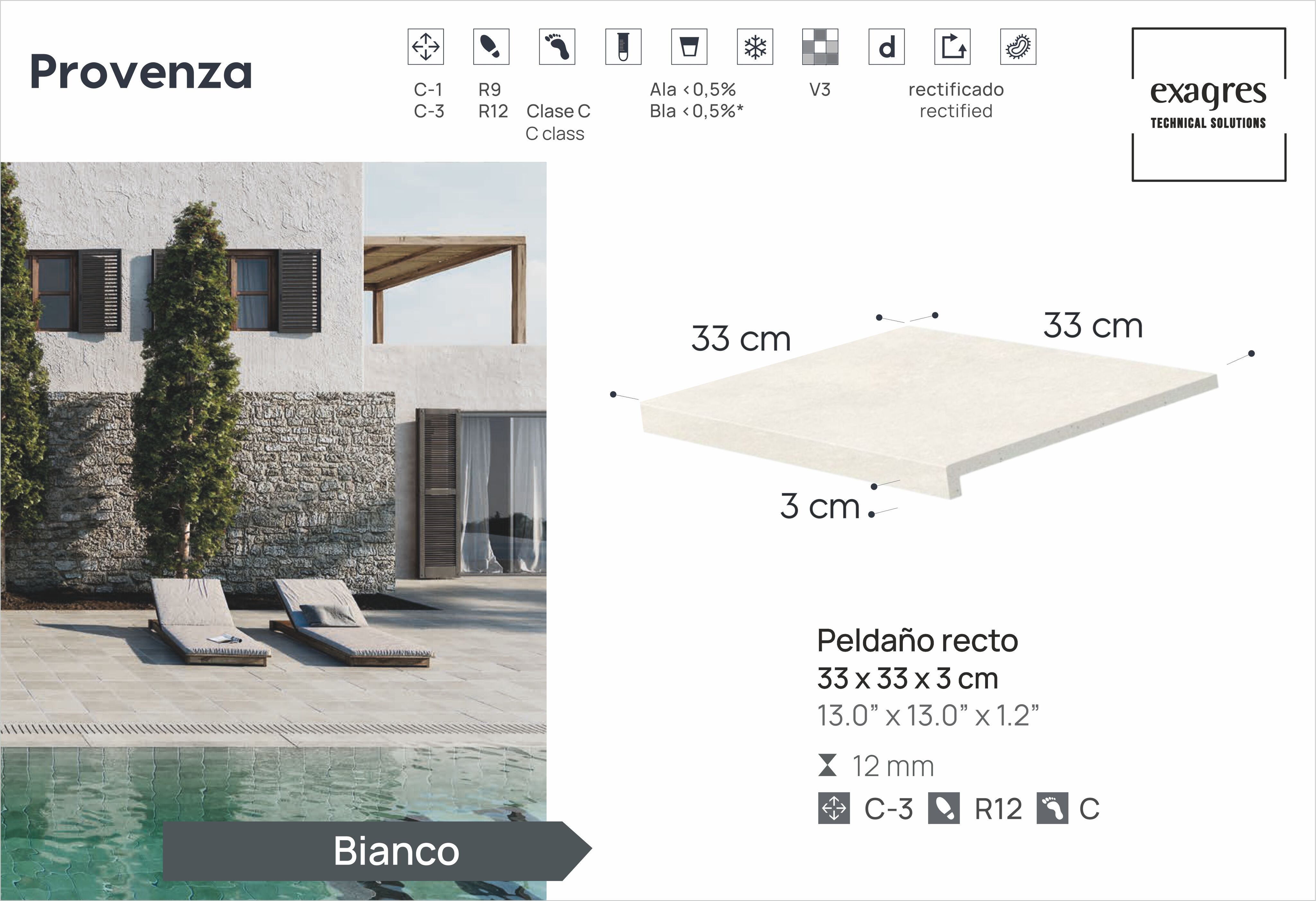 Ступень фронтальная Peldano Recto Provenza Bianco R12 33х33х1.2 антислип 4шт/упак Exagres купить в Санкт-Петербурге