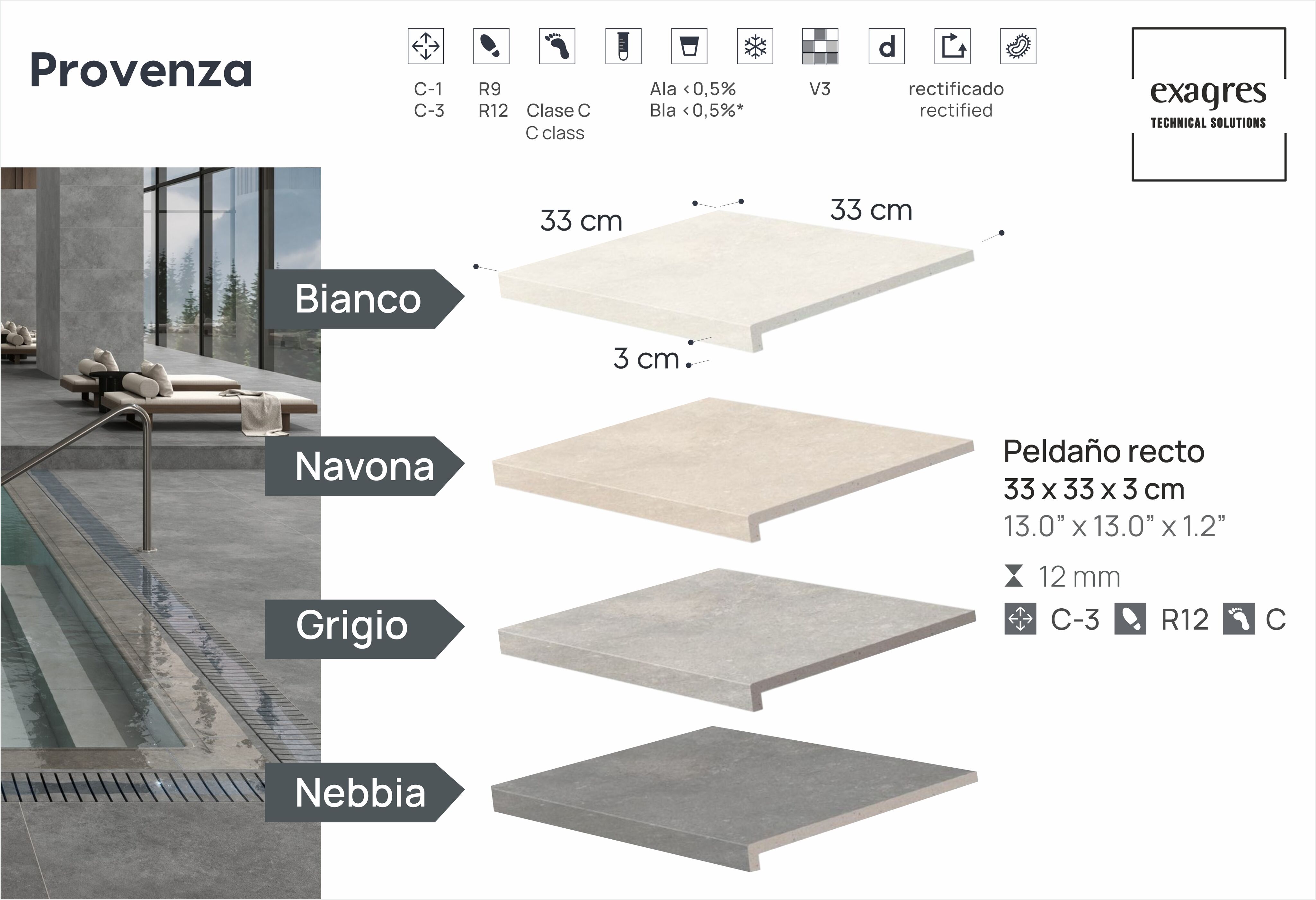 Ступень фронтальная Peldano Recto Provenza Bianco R12 33х33х1.2 антислип 4шт/упак Exagres купить в Санкт-Петербурге