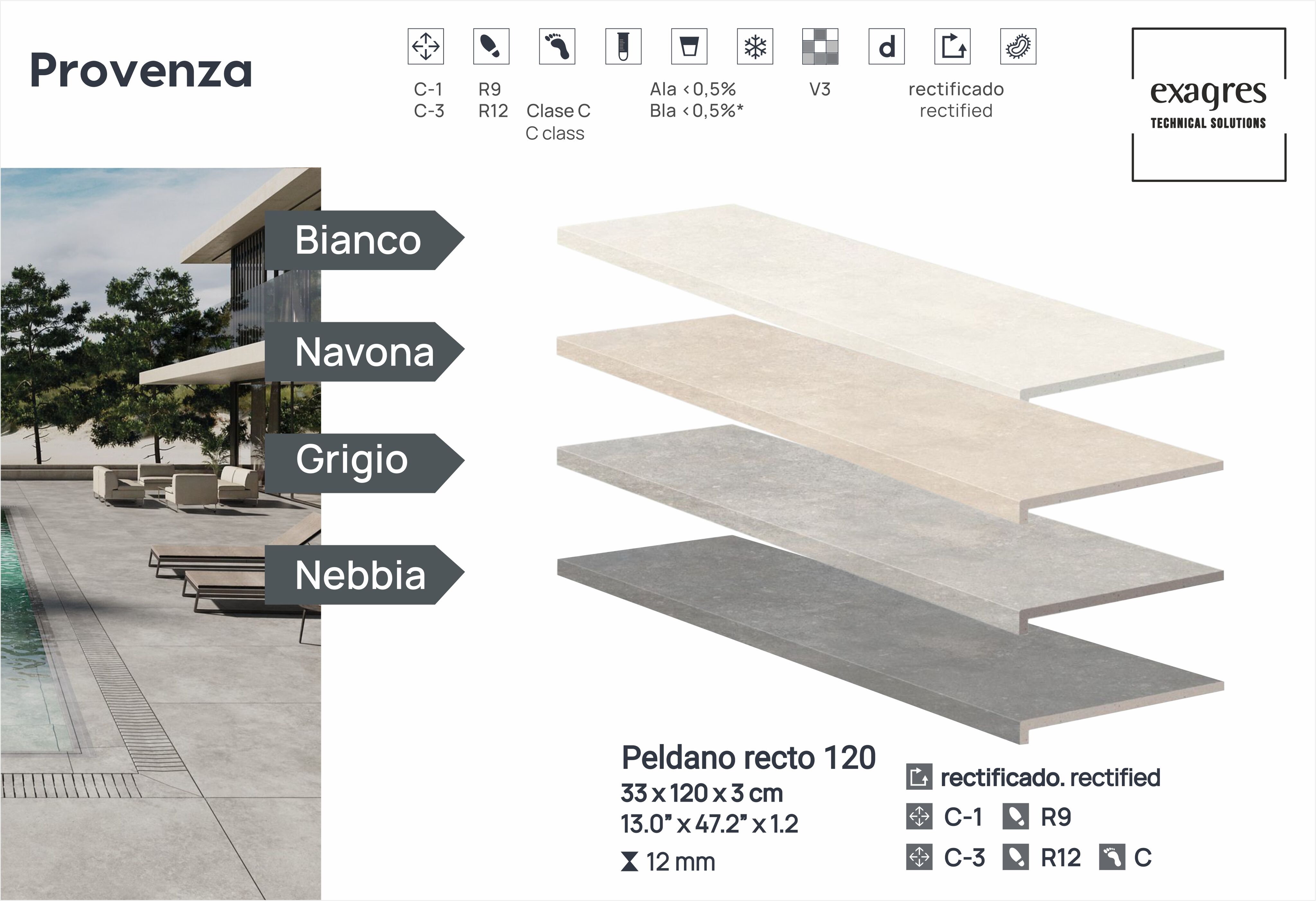 Ступень фронтальная Peldano Recto Provenza Nebbia R12 33х120х1.2 антислип 2шт/упак Exagres купить в Санкт-Петербурге