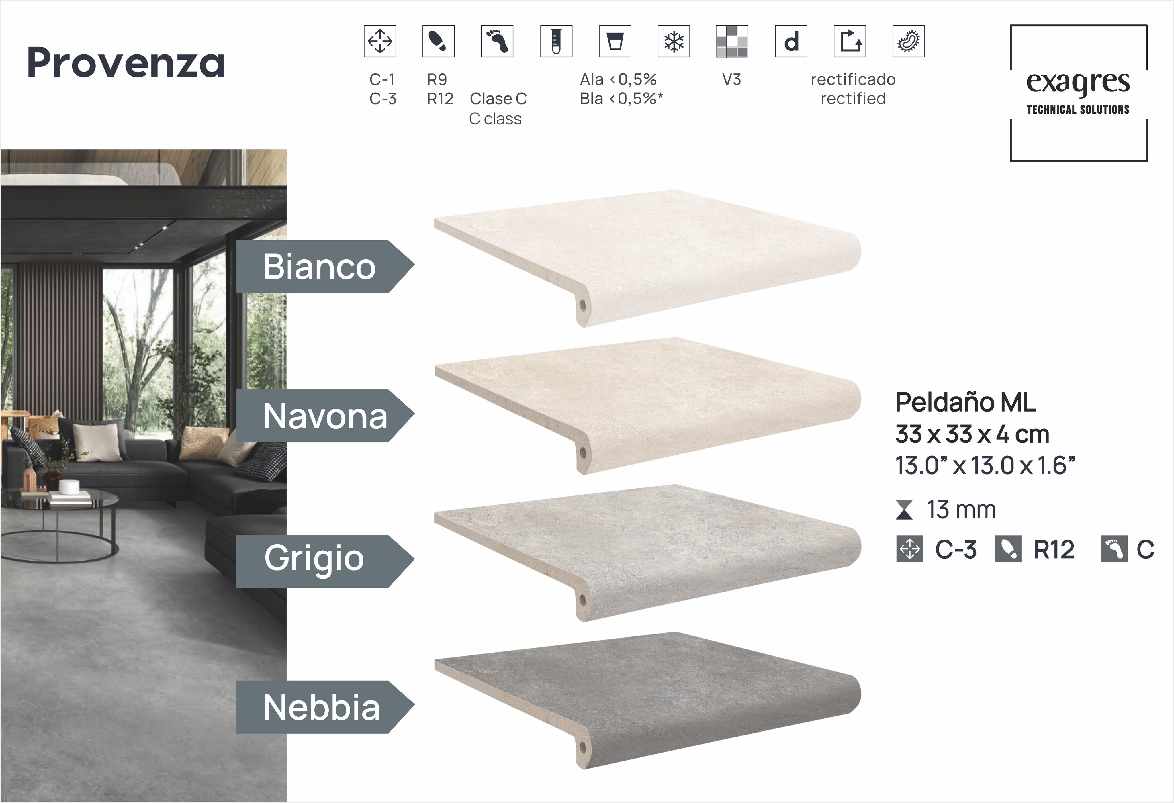 Ступень фронтальная Peldano Florentino Provenza Navona 33х33х1.3 антислип 4шт/упак Exagres купить в Санкт-Петербурге