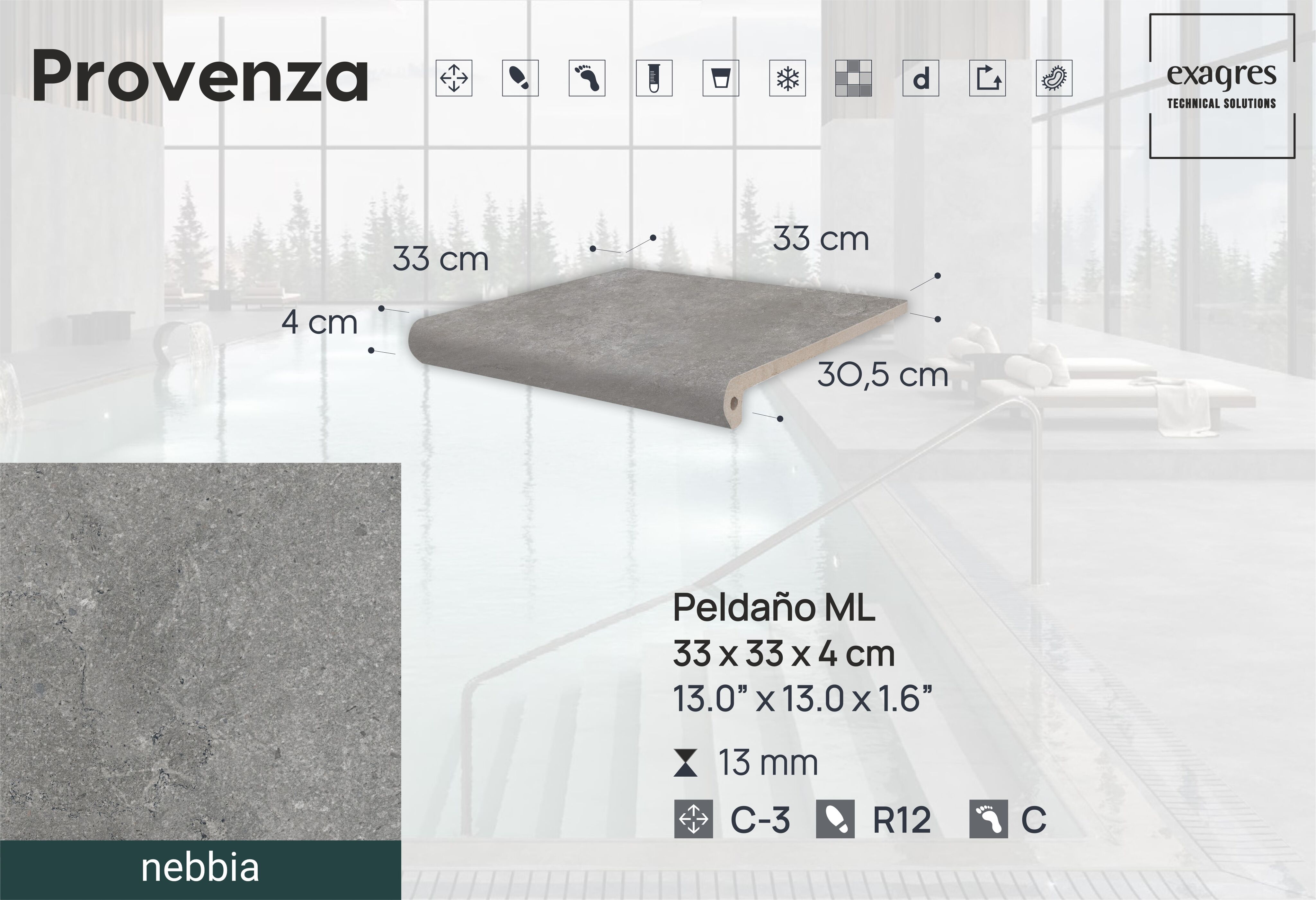 Ступень фронтальная Peldano Florentino Provenza Nebbia 33х33х1.3 антислип 4шт/упак Exagres купить в Санкт-Петербурге