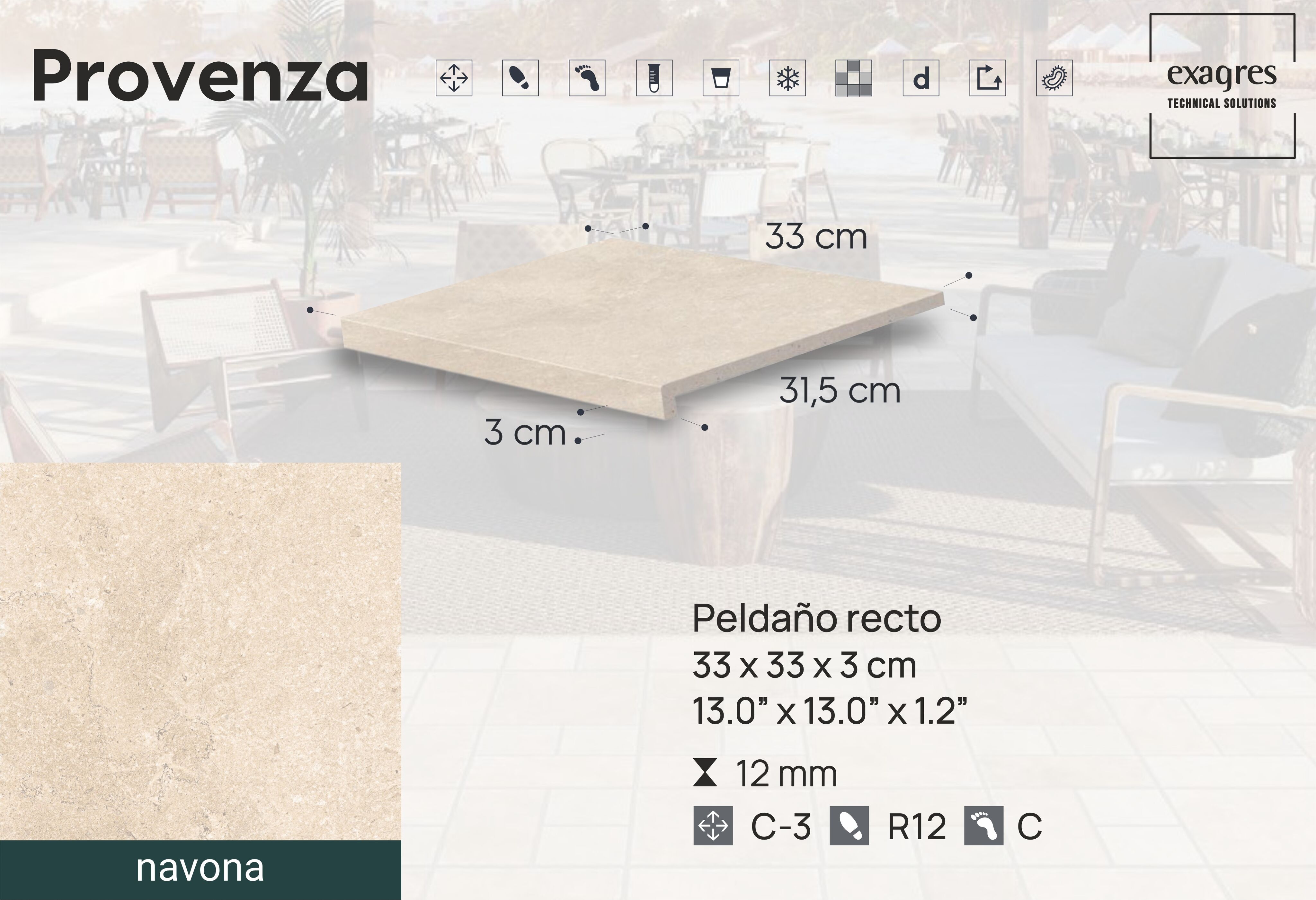 Ступень фронтальная Peldano Recto Provenza Navona R12 33х33х1.2 антислип 4шт/упак Exagres купить в Санкт-Петербурге