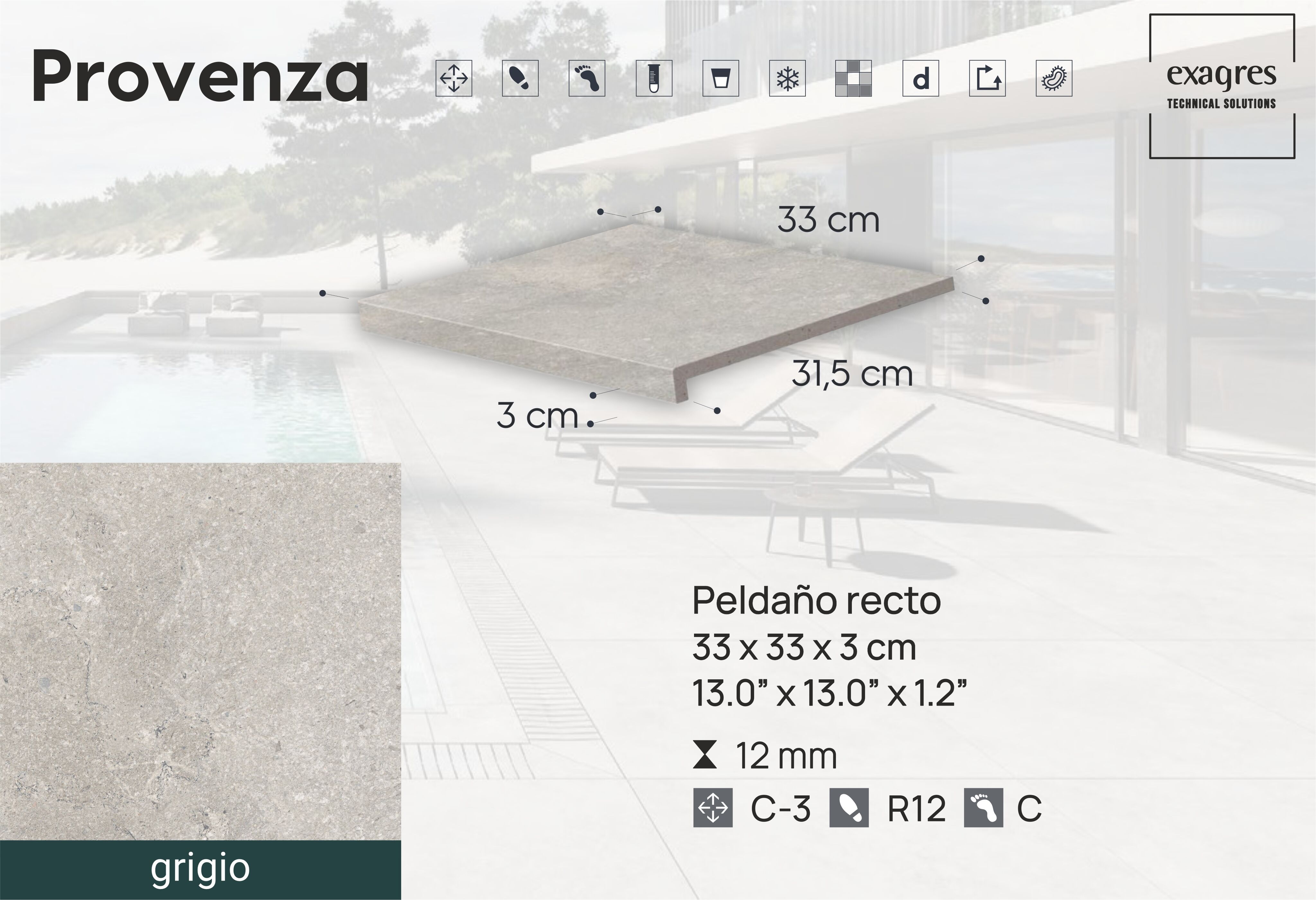 Ступень фронтальная Peldano Recto Provenza Grigio R12 33х33х1.2 антислип 4шт/упак Exagres купить в Санкт-Петербурге