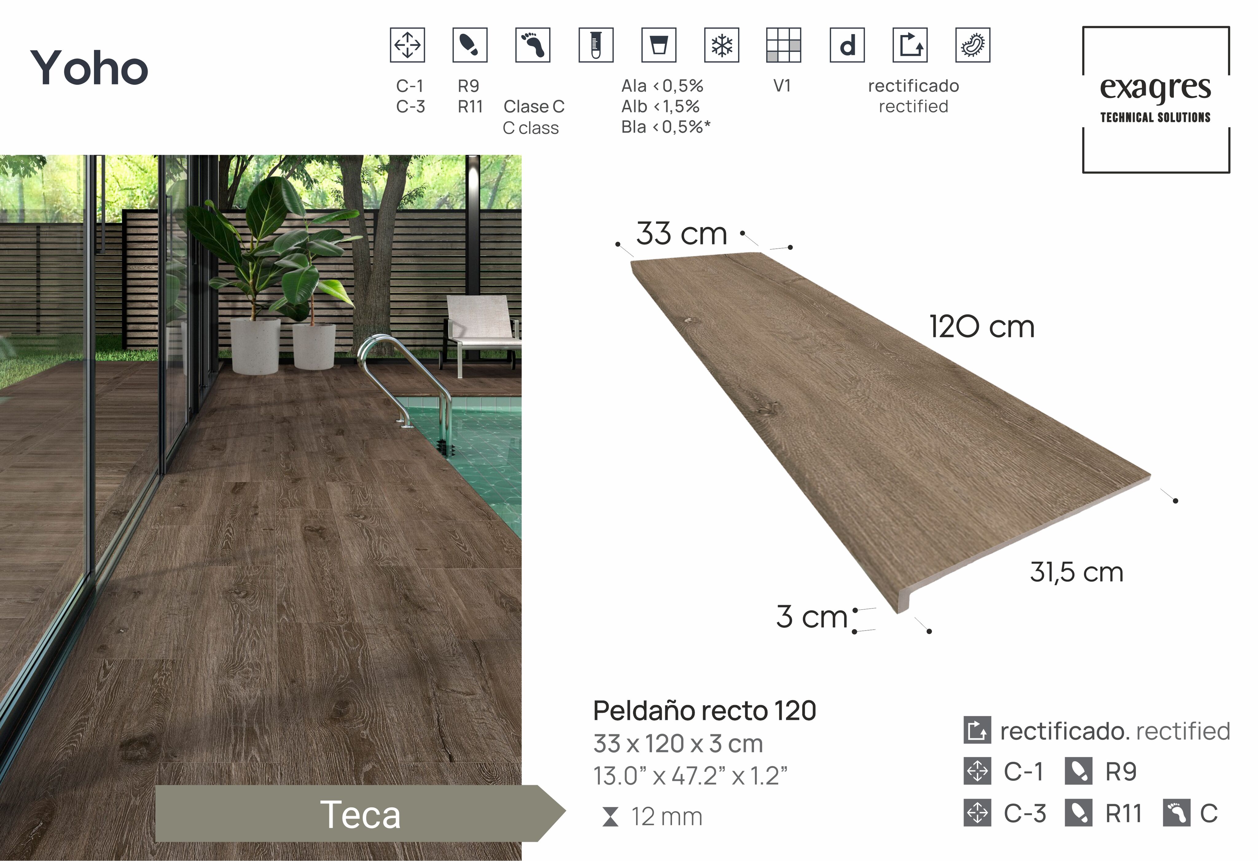 Ступень фронтальная Peldano Recto Yoho Teca 33х120х1.2 под дерево Exagres купить в Санкт-Петербурге