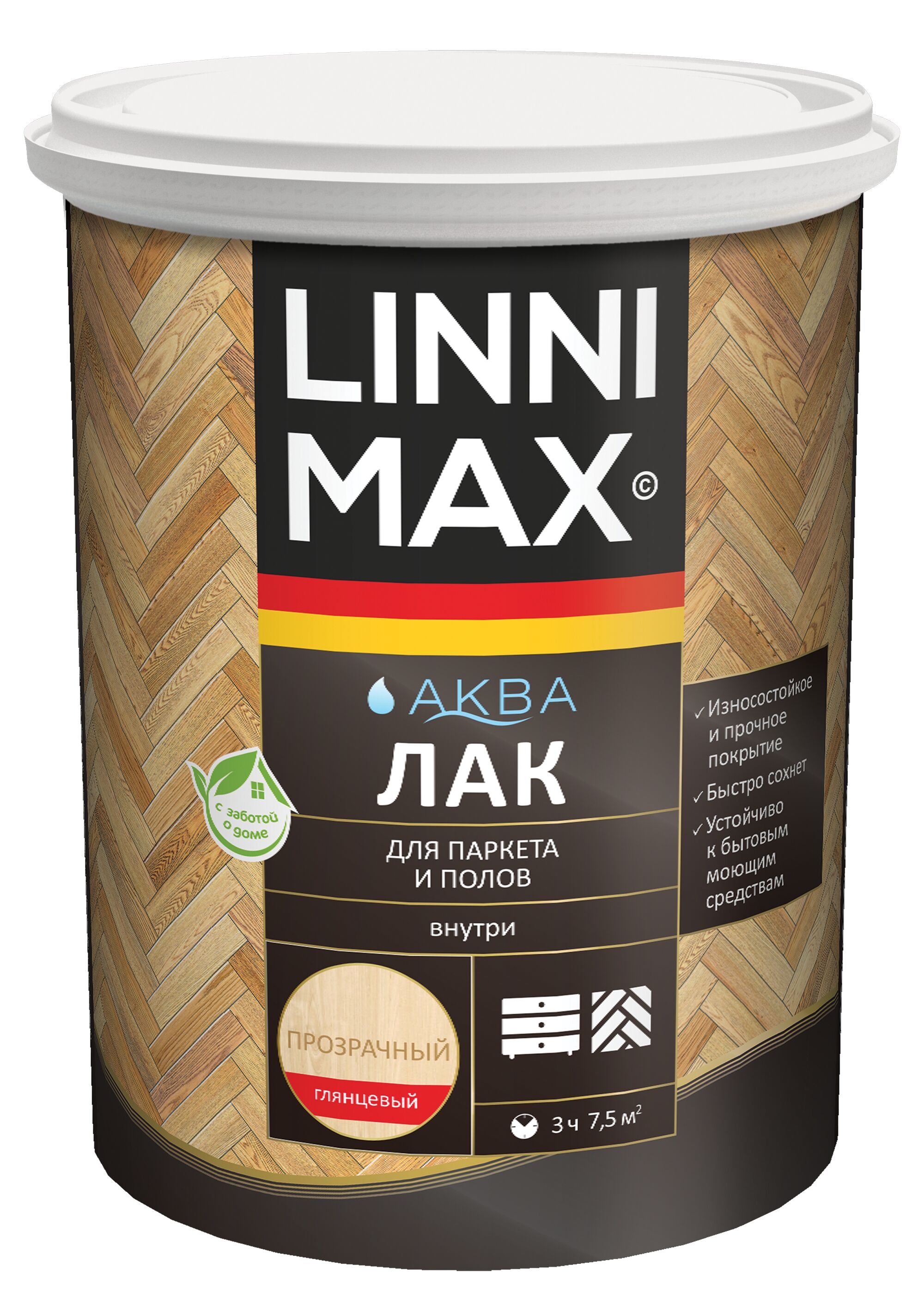 Аква Лак для паркета и полов глянцевый 0,9л акриловый LINNIMAX, Аква Лак для паркета и полов глянцевый 0,9л акриловый LINNIMAX