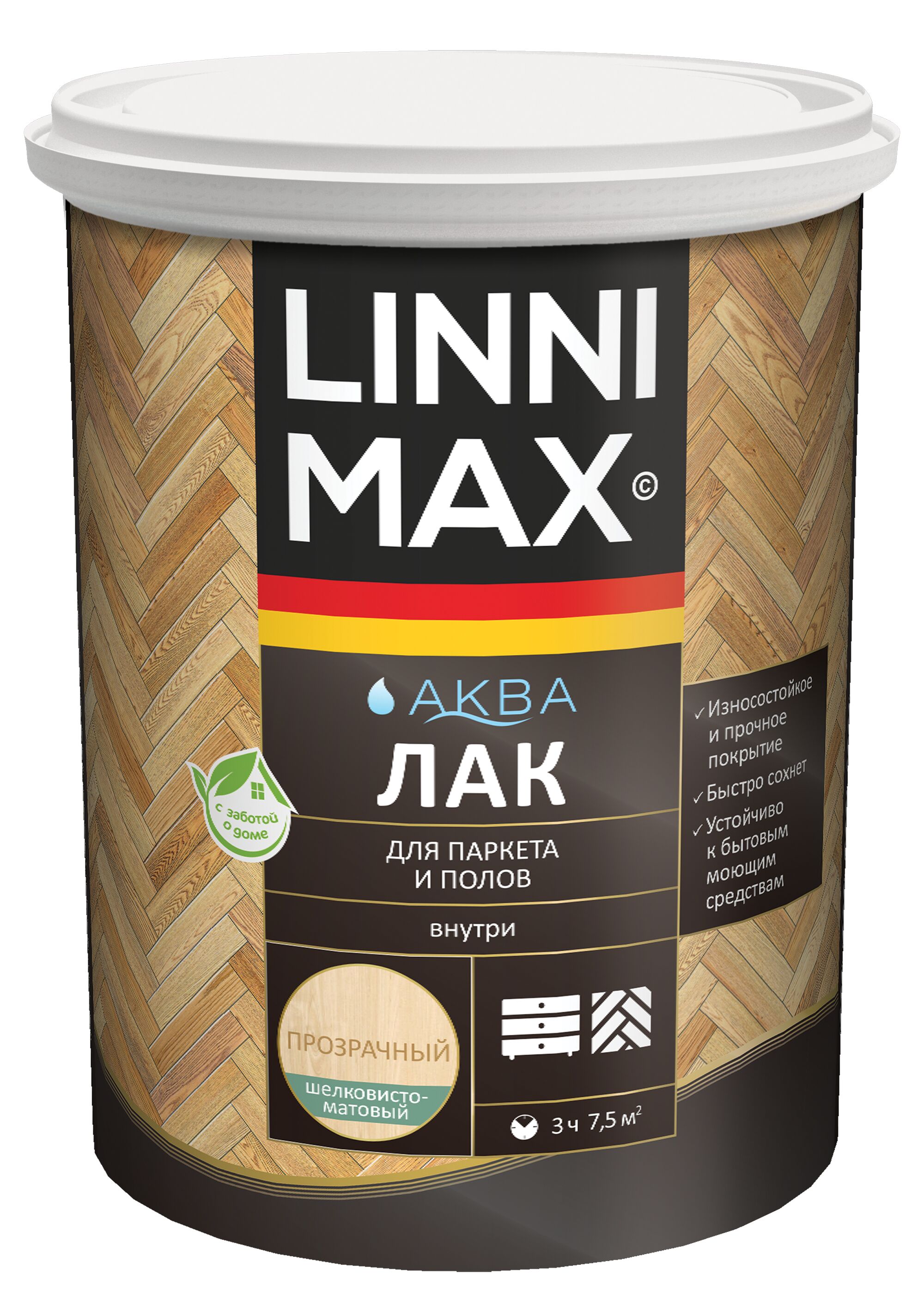 Аква Лак для паркета и полов шелковисто-матовый 0,9л акриловый LINNIMAX, Аква Лак для паркета и полов шелковисто-матовый 0,9л акриловый LINNIMAX