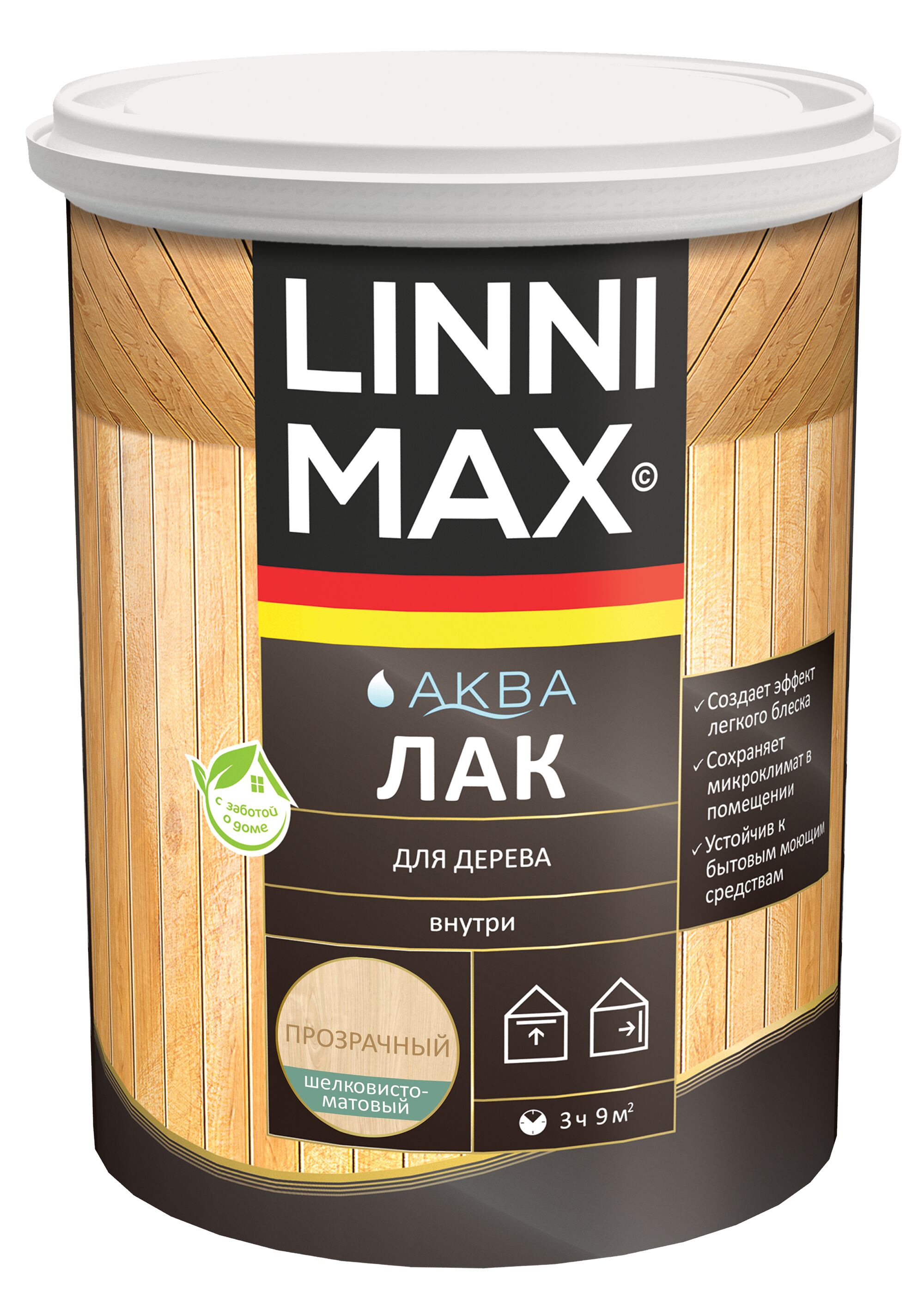 Аква Лак для дерева шелковисто-матовый 0,9л акриловый LINNIMAX, Аква Лак для дерева шелковисто-матовый 0,9л акриловый LINNIMAX