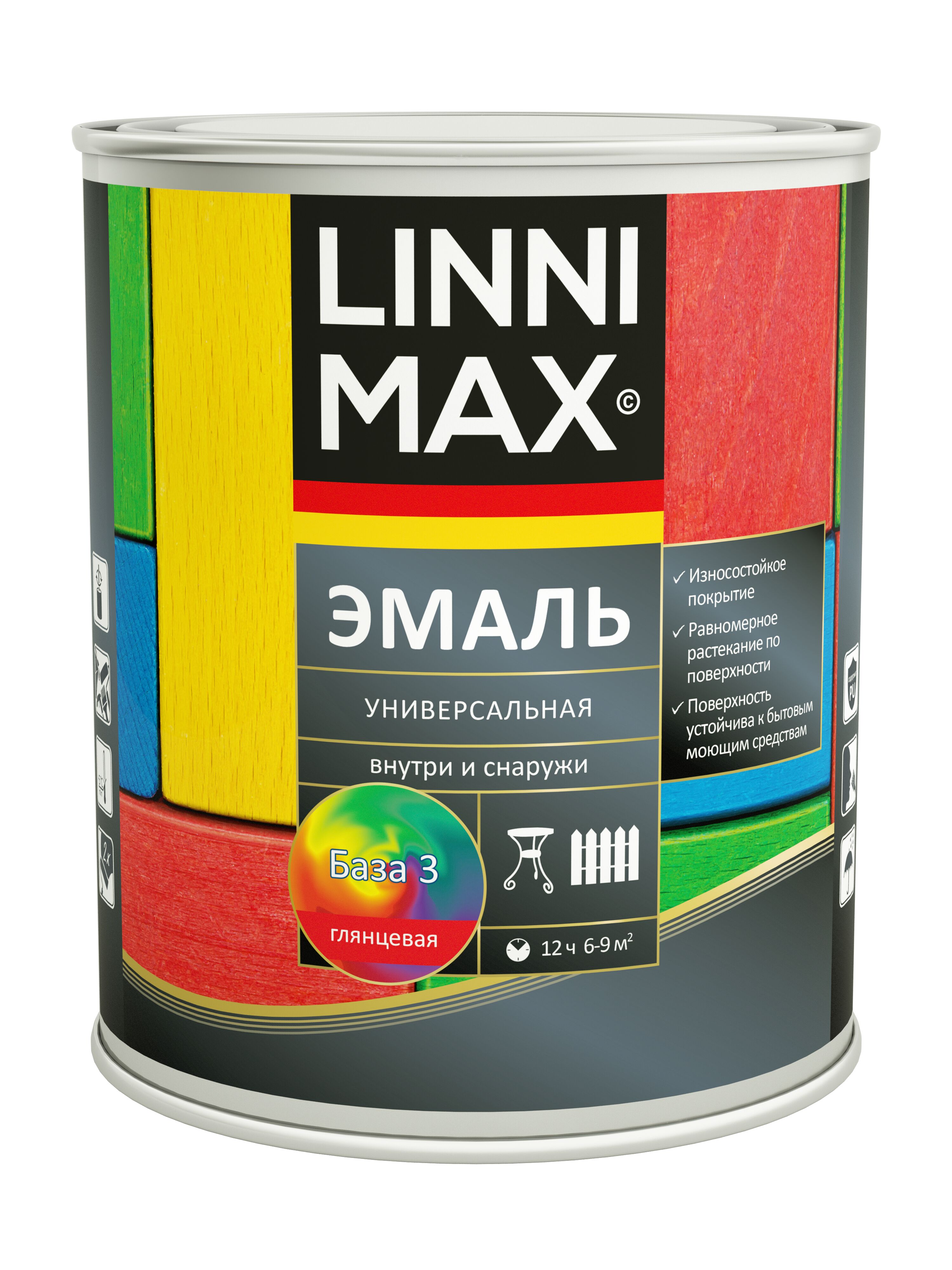 Эмаль универсальная глянцевая 0,69л алкидная База3 LINNIMAX, Эмаль универсальная глянцевая 0,69л алкидная База3 LINNIMAX