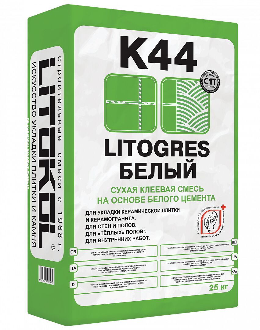 LITOGRES K44 25кг Клей цементный белый LITOKOL, белый