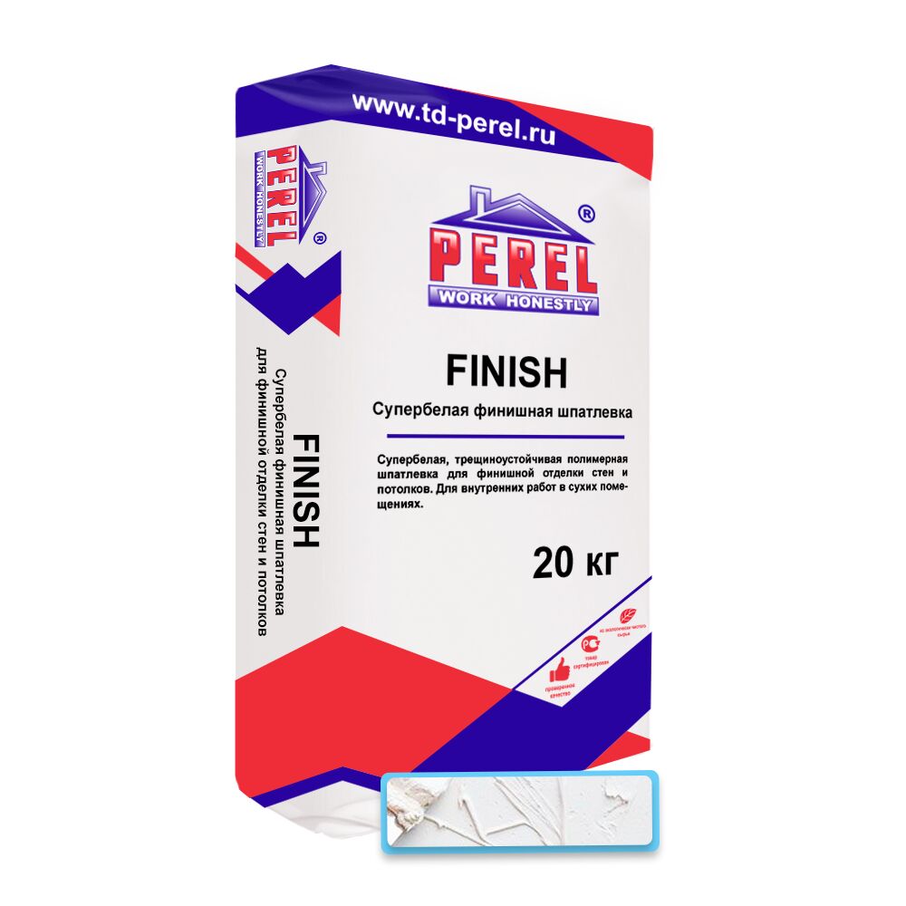 СУПЕР-БЕЛАЯ, трещиноустойчивая полимерная шпатлевка Perel Finish - 0655 20 кг/меш, супер белый