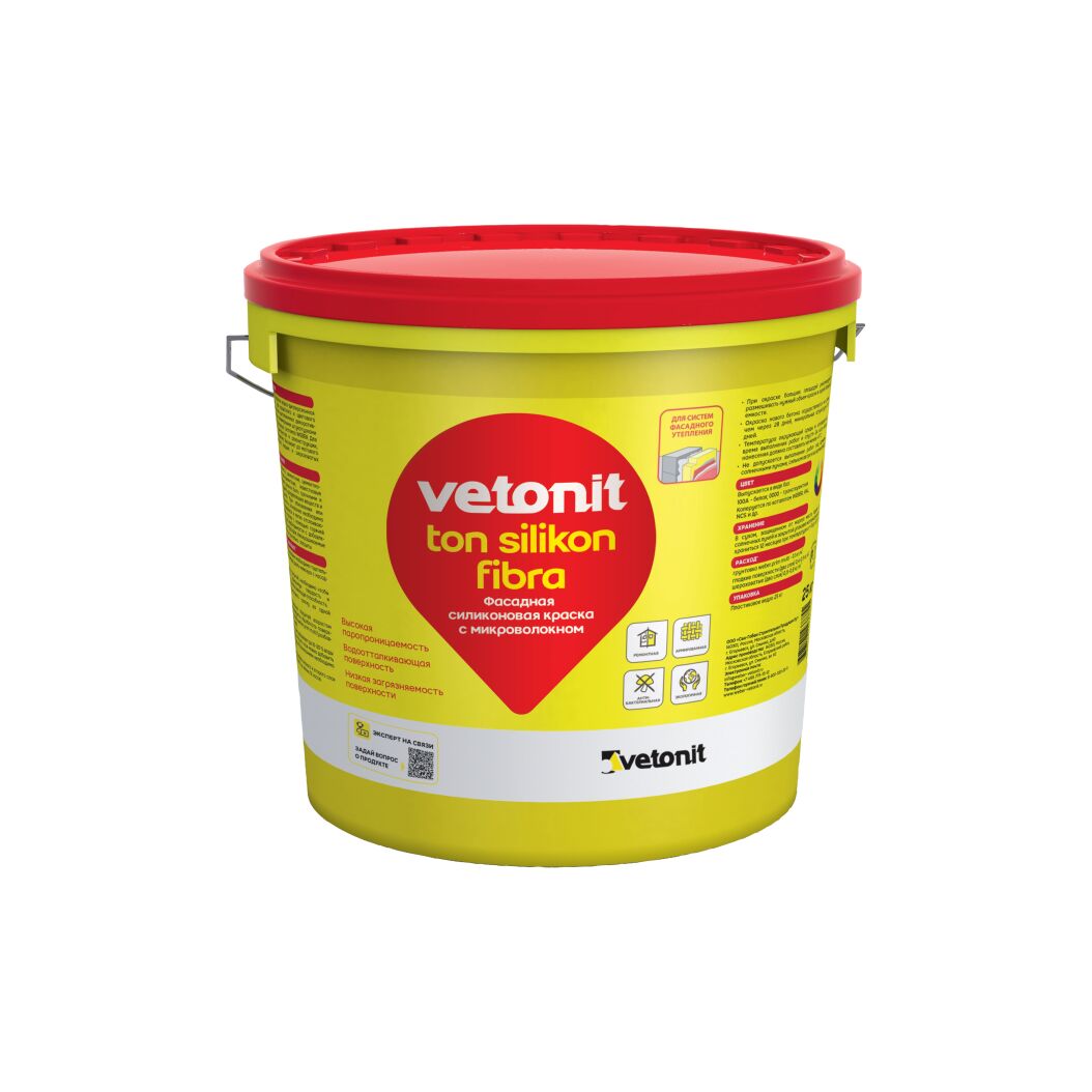 Краска фасадная силиконовая vetonit ton silikon fibra 0000 25 kg транспарентный (колер) 25кг, транспарентный, колеруется