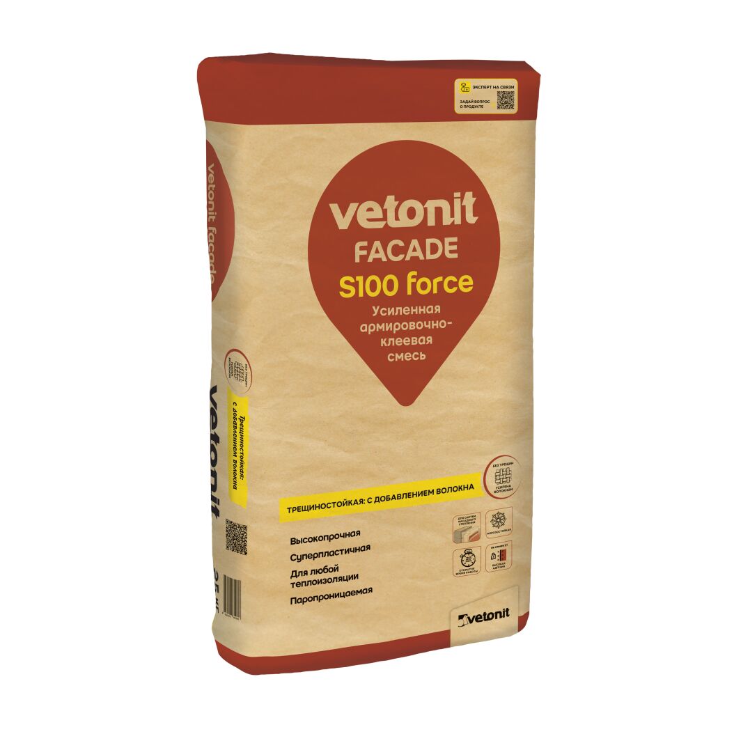 Смесь штукатурно-клеевая vetonit facade S100 force 25kg серый 25кг, серый
