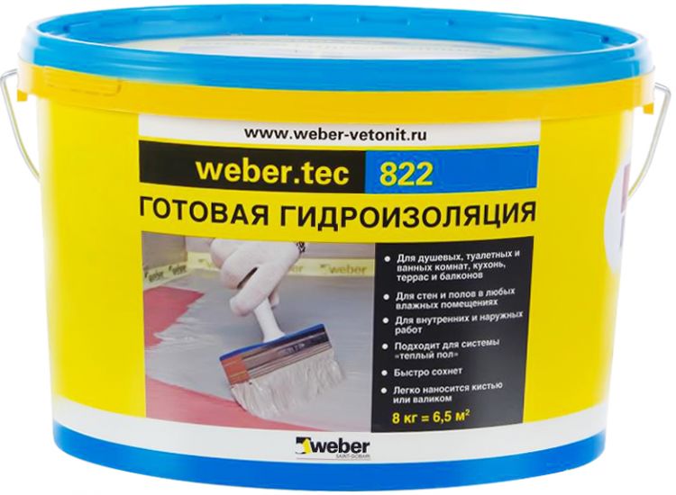 Гидроизоляция weber.tec 822 серый 8 кг, Гидроизоляция полимерная высокоэластичная Weber tec 822 серый 8кг