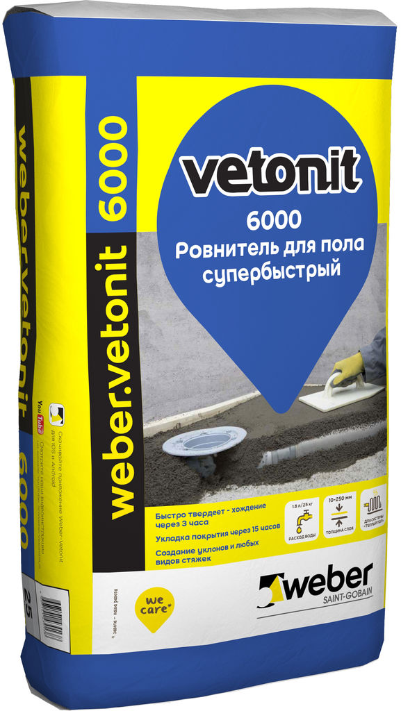 Супербыстрый ровнитель для пола weber.vetonit 6000 25 кг, weber.vetonit Ровнитель для пола Базовый Ветонит 6000, 25 кг 1010123