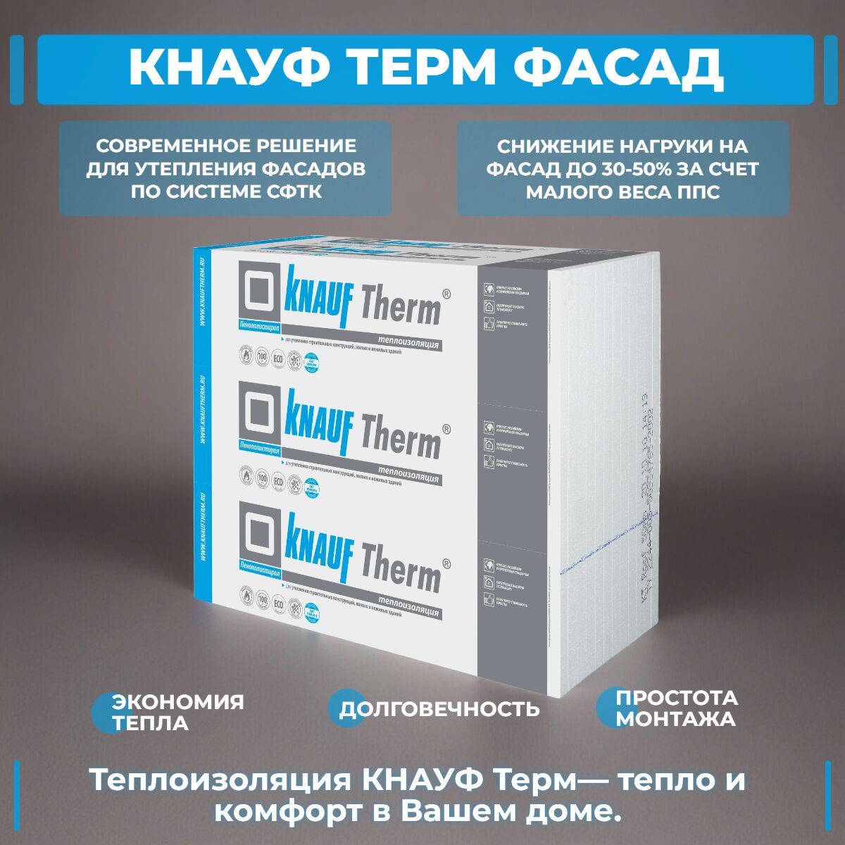 KNAUF Therm® ФАСАД 50мм, 12 плит, 14.4м2, 1000х1200мм, 0.72м3 купить в Санкт-Петербурге