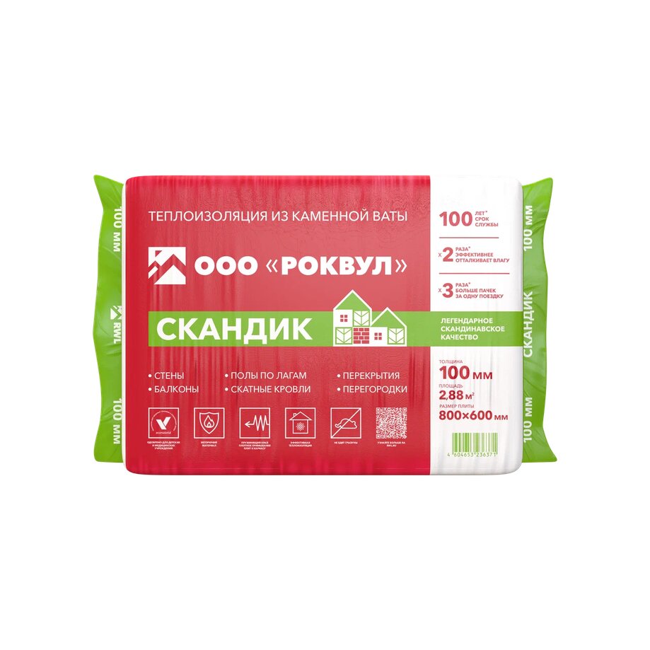 Роквул Скандик 100мм, 6 плит, 2.88м2, 600х800мм, 0.288м3, Rockwool СКАНДИК 100х600х800/6шт/2.88м2/0.288м3 купить в Москве Роквул Скандик 100мм, 6 плит, 2.88м2, 600х800мм, 0.288м3, Rockwool СКАНДИК 100х600х800/6шт/2.88м2/0.288м3