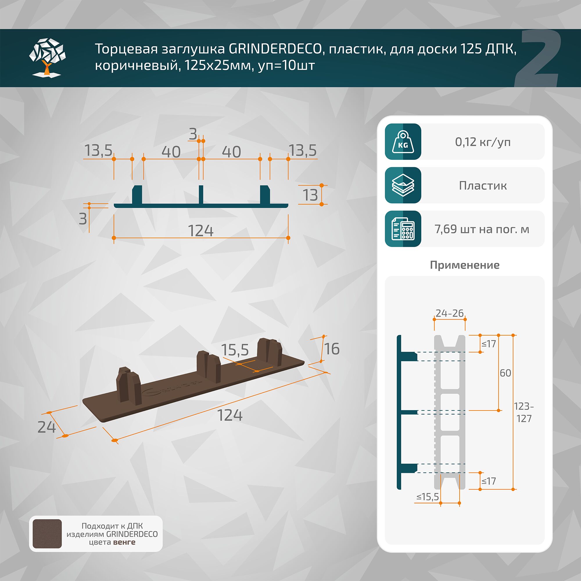 Торцевая заглушка GRINDERDECO, пластик, для доски ДПК, 125х25мм, уп=10шт купить в Санкт-Петербурге