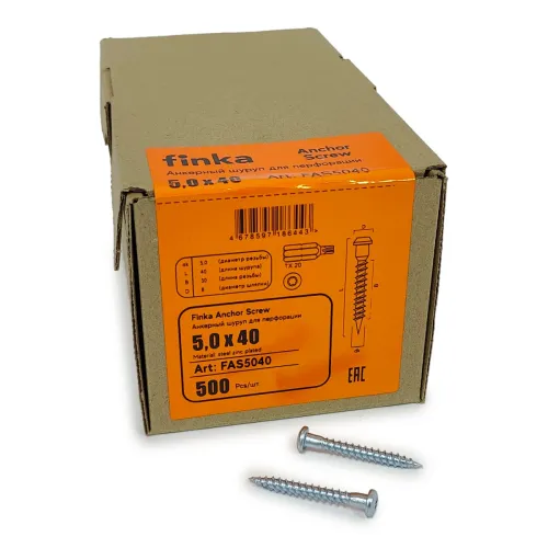 Упаковка шурупов для перфорации FINKA Anchor Screw TX20 5.0х40 цинк 500шт/уп купить в Санкт-Петербурге