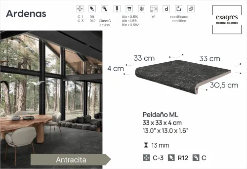 Ступень фронтальная Peldano Fiorentino Ardenas Antracita 33х33х1.3 антислип 4шт/упак Exagres купить в Санкт-Петербурге
