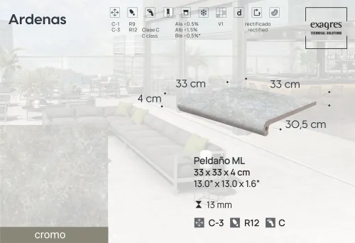 Ступень фронтальная Peldano Fiorentino Ardenas Cromo 33х33х1.3 антислип 4шт/упак Exagres купить в Санкт-Петербурге