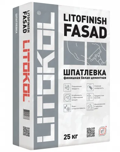 LITOFINISH FASAD 25кг Шпатлевка финишная цементная высокопрочная влаго морозостойкая белый LITOKOL купить в Санкт-Петербурге