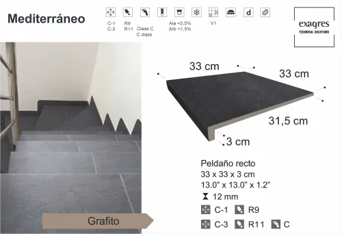 Ступень фронтальная Peldano Recto Mediterraneo Grafito 33х33х1.2 антислип 4шт/упак Exagres купить в Санкт-Петербурге