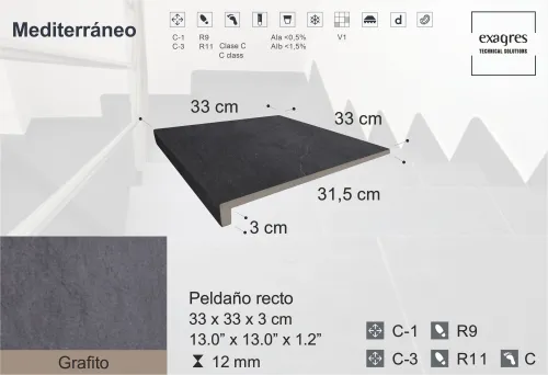 Ступень фронтальная Peldano Recto Mediterraneo Grafito 33х33х1.2 антислип 4шт/упак Exagres купить в Санкт-Петербурге