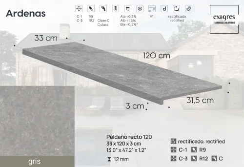Ступень фронтальная Peldano Recto Ardenas Gris R12 33х120х1.2 антислип 2шт/упак Exagres купить в Санкт-Петербурге