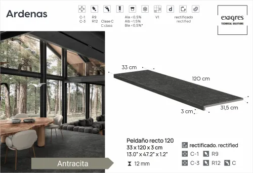 Ступень фронтальная Peldano Recto Ardenas Antracita R12 33х120х1.2 антислип 2шт/упак Exagres купить в Санкт-Петербурге