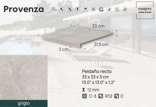 Ступень фронтальная Peldano Recto Provenza Grigio R12 33х33х1.2 антислип 4шт/упак Exagres купить в Санкт-Петербурге