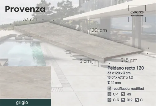 Ступень фронтальная Peldano Recto Provenza Grigio R12 33х120х1.2 антислип 2шт/упак Exagres купить в Санкт-Петербурге
