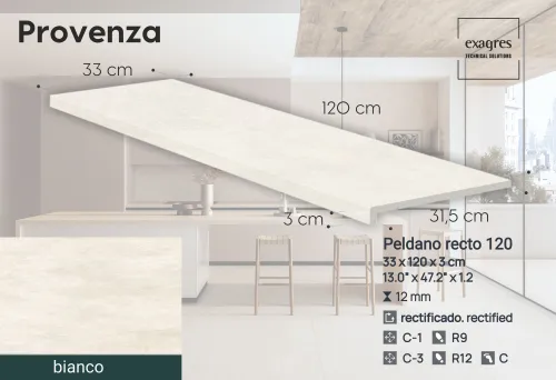 Ступень фронтальная Peldano Recto Provenza Bianco R12 33х120х1.2 антислип 2шт/упак Exagres купить в Санкт-Петербурге