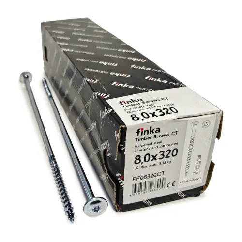 Упаковка шурупов конструкционных Finka Timber Screws CT 8.0x320TX40 голубой цинк, тарелка 50шт/уп купить в Санкт-Петербурге