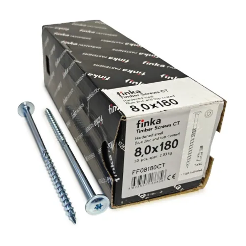 Упаковка шурупов конструкционных Finka Timber Screws CT 8.0x180TX40 голубой цинк, тарелка 50шт/уп купить в Санкт-Петербурге