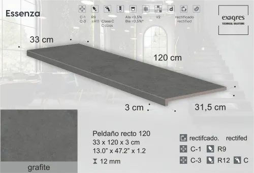 Ступень фронтальная Peldano Recto Essenza Grafite С3 33х120х1.2см антислип 2шт/уп Exagres купить в Санкт-Петербурге