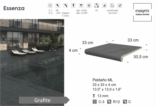 Ступень фронтальная Peldano Florentino Essenza Grafite С3 33х33х1.3см антислип 4шт/уп Exagres купить в Санкт-Петербурге