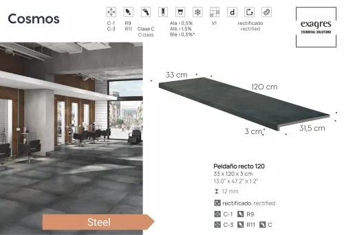 Ступень фронтальная Peldano Recto Cosmos Steel С1 33х120х1.2см матовая 2шт/уп Exagres купить в Санкт-Петербурге