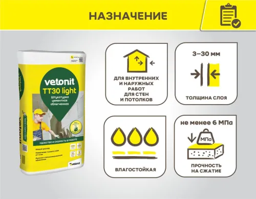 Штукатурка цементная облегченная Vetonit TT30 light серый 25кг купить в Санкт-Петербурге